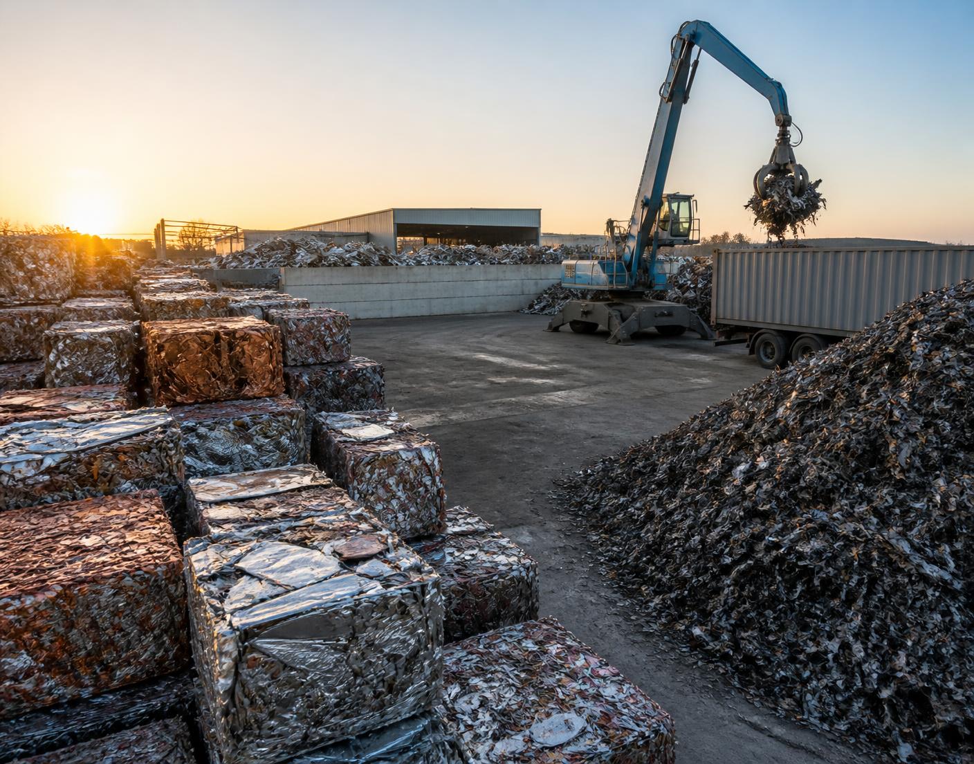 Sorted ferrous and non-ferrous scrap stockpiles in an international recycling yard